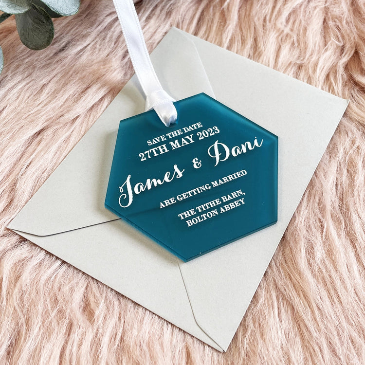 Hexagon Save the Date Tags for Wedding Date Announcement
