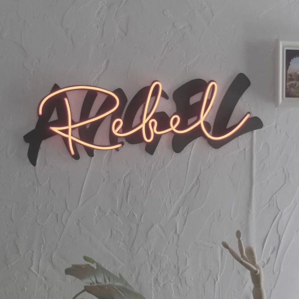 Rebel Angel Metal wall art with Red Neon Strip LED