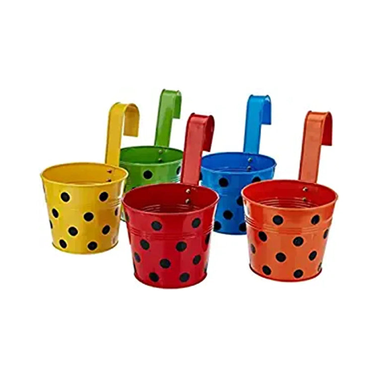 Multicolour Round Shaped Dotted Iron Hook Hanging Pot (Set of 5)