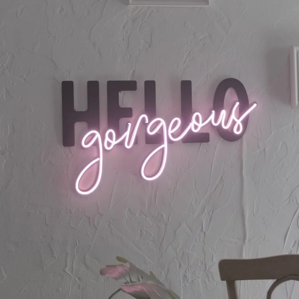 Hello Gorgeous Metal wall art with Pink Neon Strip LED