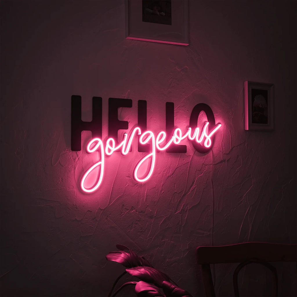 Hello Gorgeous Metal wall art with Pink Neon Strip LED