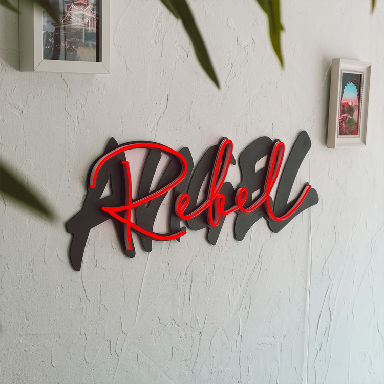 Rebel Angel Metal wall art with Red Neon Strip LED