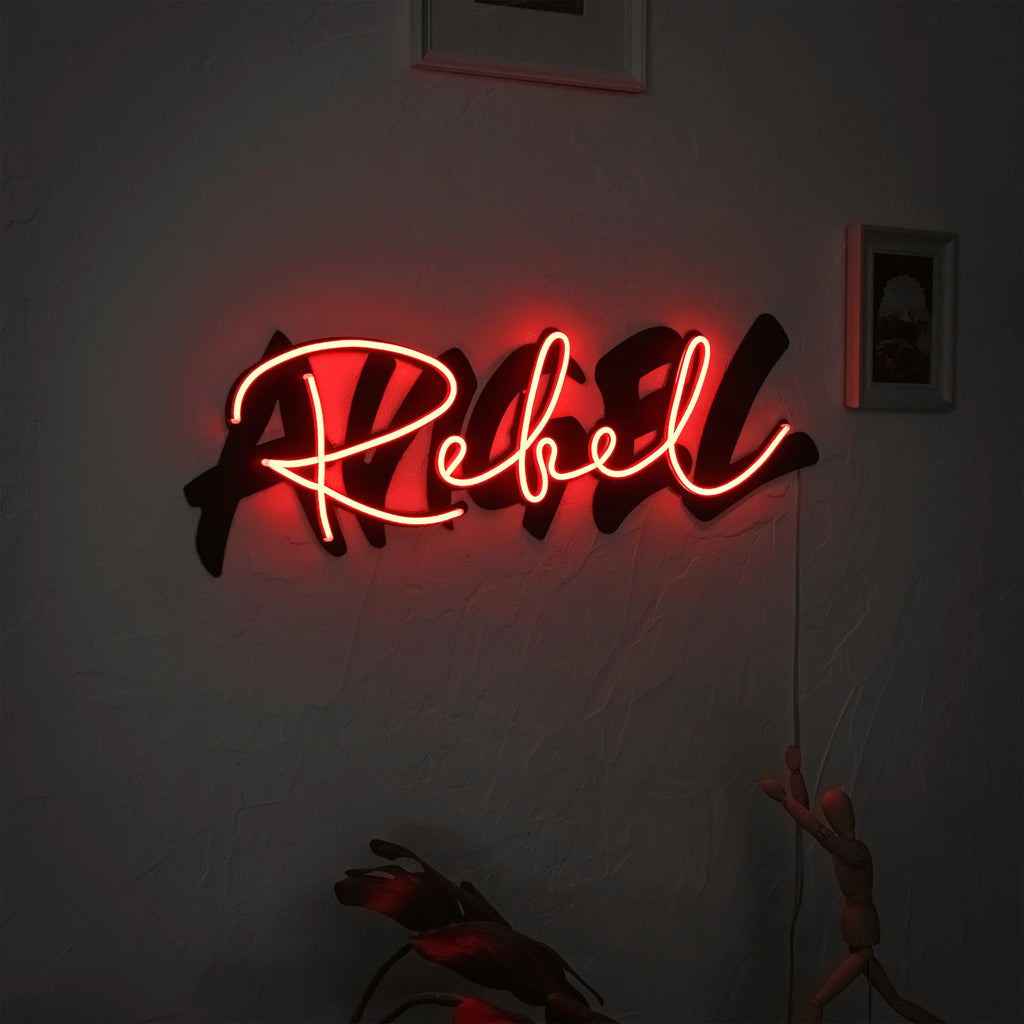 Rebel Angel Metal wall art with Red Neon Strip LED