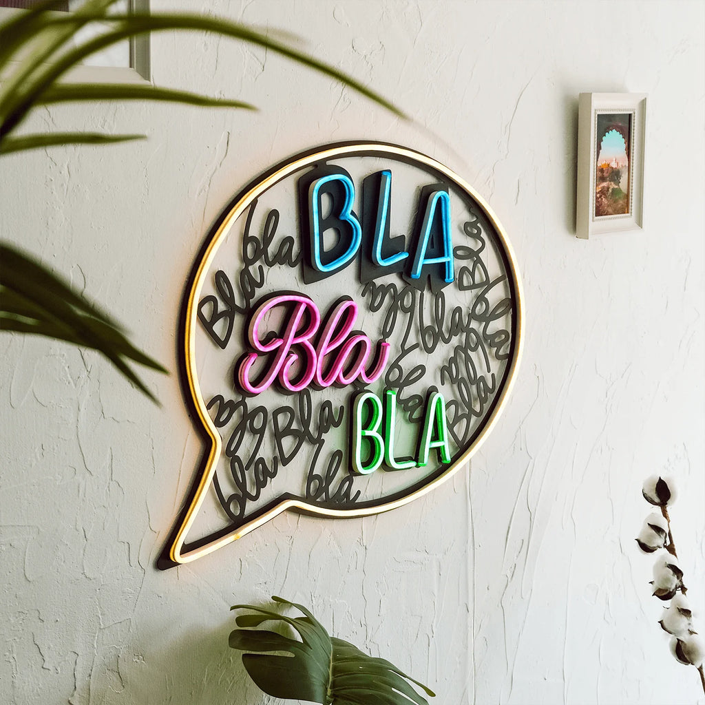 BLA Bla BLA Metal wall art with Multi-Color Neon Strip LED