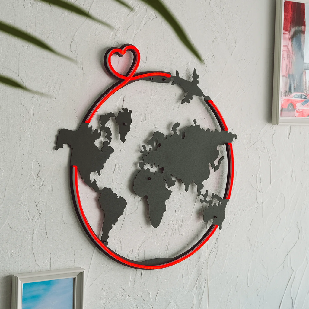 Love Around Metal Wall Art with Red Neon Strip LED