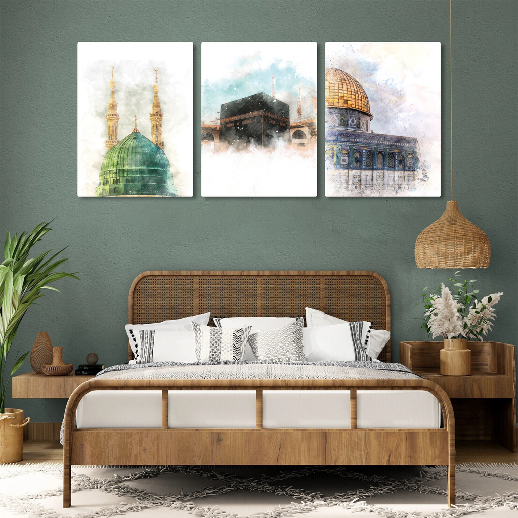 Trinity of Faith: Kaaba, Medina & Al Aqsa, Set of 3 Metal Poster - Ramadan Sale