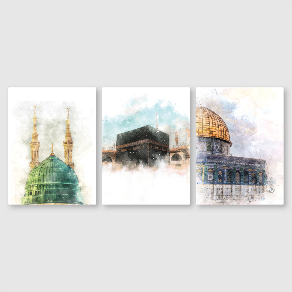 Trinity of Faith: Kaaba, Medina & Al Aqsa, Set of 3 Metal Poster - Ramadan Sale