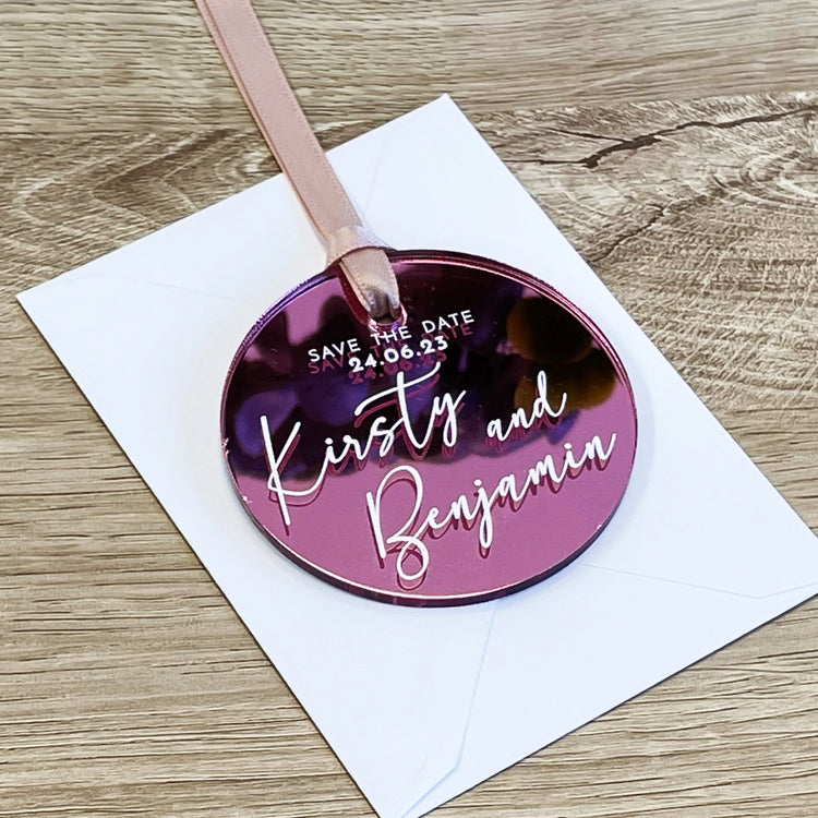 Modern Calligraphy Save the Date Acrylic Tags