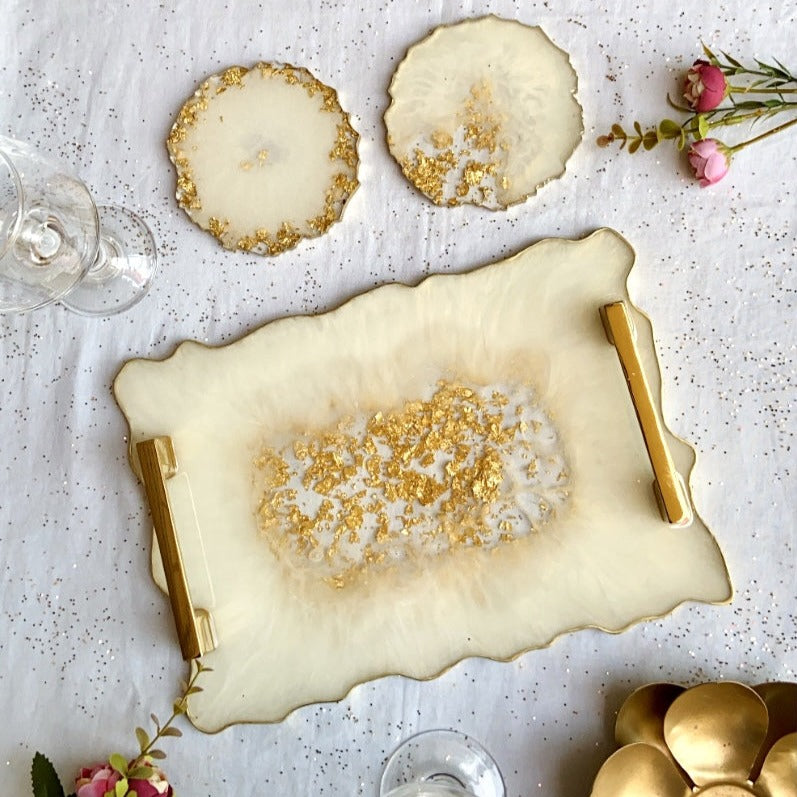 Pearl White Resin Tray & Coasters