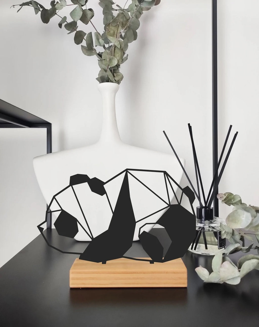 Geometric design "Panda" shelf decor, Free standing wood based metal home and office decor