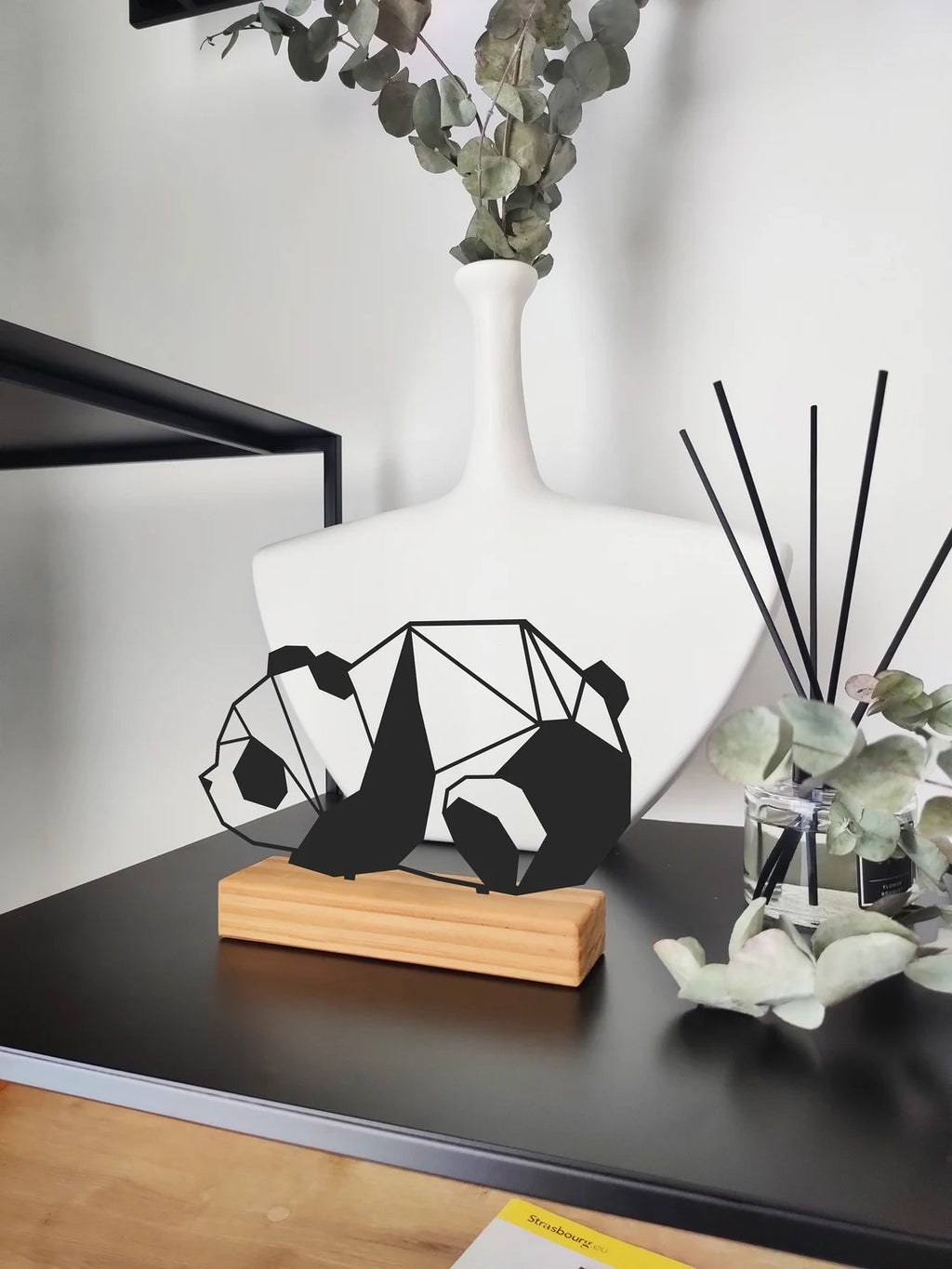 Geometric design "Panda" shelf decor, Free standing wood based metal home and office decor