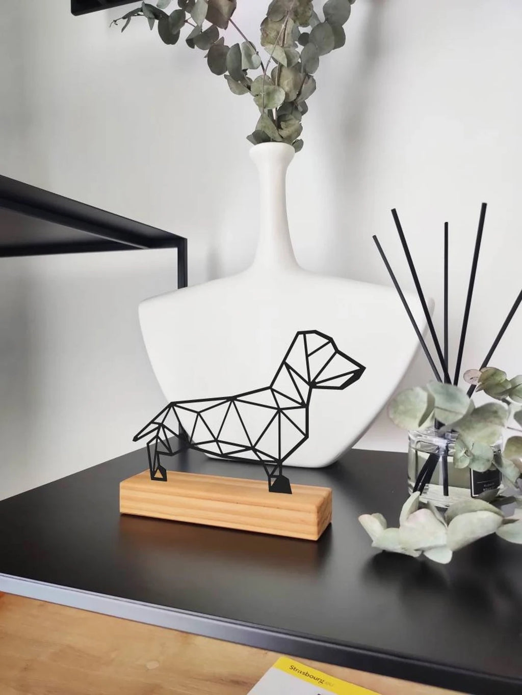 Minimal Design Geometric " Dog " Shelf Decor. Wood and Metal combinated free-standing home and office decor