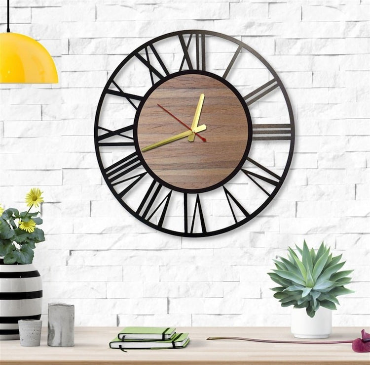 Wood white metal wall clock