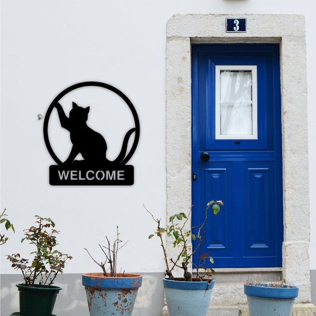 Cat Welcome Sign Metal Wall Art