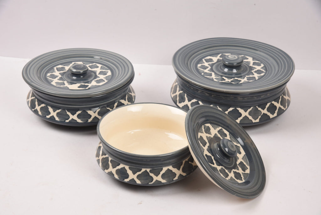 Grey Hand Painted Ceramic Handi with Lid (Set of 3)