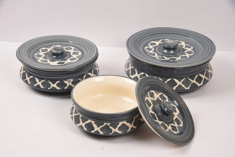 Grey Hand Painted Ceramic Handi with Lid (Set of 3)