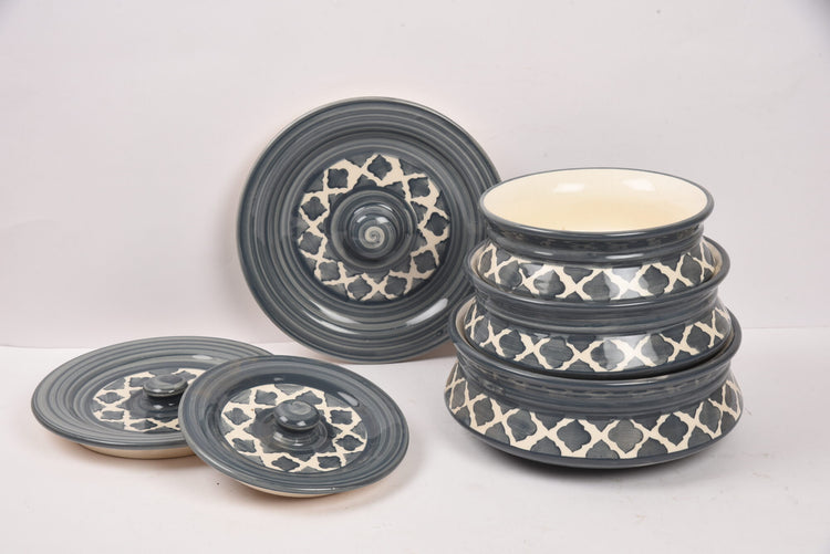 Grey Hand Painted Ceramic Handi with Lid (Set of 3)