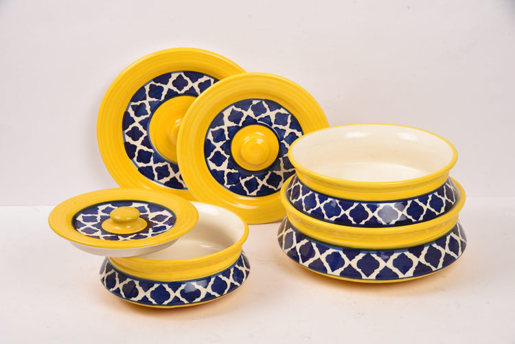 Yellow Hand Painted Ceramic Handi with Lid (Set of 3)