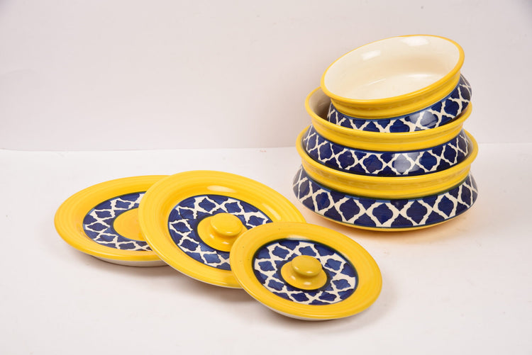 Yellow Hand Painted Ceramic Handi with Lid (Set of 3)